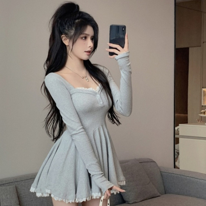 PEONIST 公主蕾絲飾邊方領連身裙, 灰色