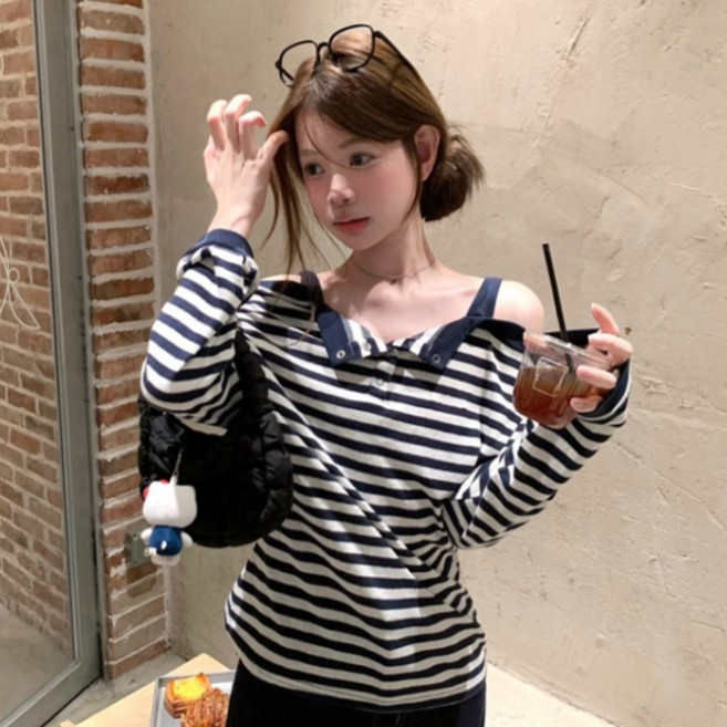 피어니스트 여성용 유니크 라인 스트라이프 오프숄더 티셔츠