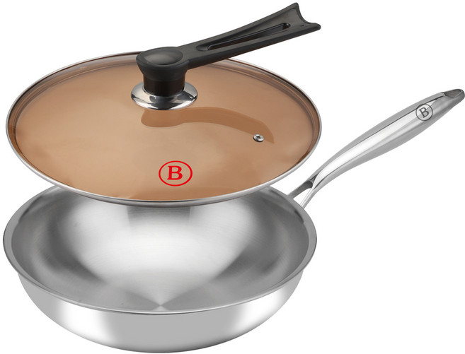 Balunfini 電磁爐IH 316不鏽鋼五層中式炒鍋 + 可立式防溢強化玻璃鍋蓋組, 1套, 32cm