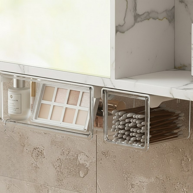 조인메이드 하부장 부착형 미니 선반형 수납 정리함 소형 + 대형 세트, 투명 화이트, 1세트