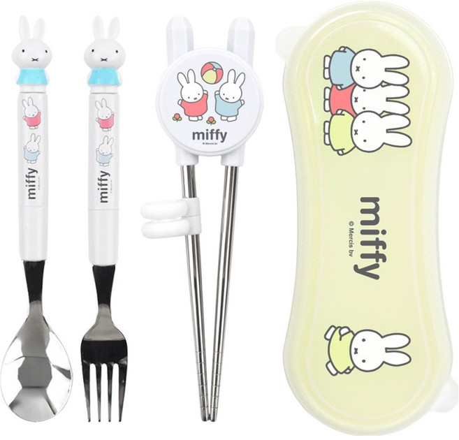 키친유 파스텔미피 마스코트 수저 세트, 화이트, 1세트, 스푼+포크+젓가락+수저통