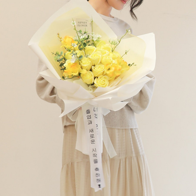 아스파시아 클래식 로즈부케 꽃다발 Large + 전구 + 메세지리본 세트, 옐로우(꽃다발), 1세트