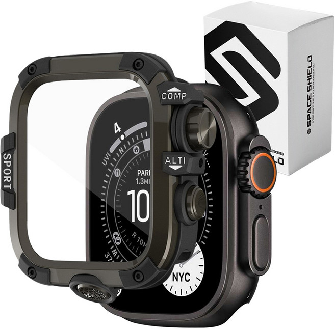 SPACE SHIELD Apple Watch系列相容 戰術防護PC防撞保護殼 + 保護膜套組, 鈦黑色, 1套