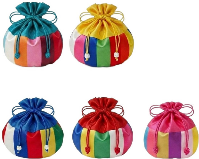indi.k 傳統彩條圓形禮物包裝福袋5件組, 黃金, 藍色, 緋紅, 翡翠, 杜鵑花, 1套