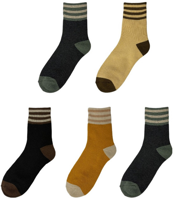 도톰한 스포츠 통파일 중목 양말 5켤레 세트, 스트라이프 혼합, 1세트