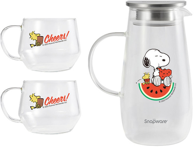 Corelle Brands 康寧餐具 SNAPWARE SNOOPY Watermelon曲線耐熱壺 1400ml + 杯子 400ml 2個, 玻璃色, 1套, 2200ml
