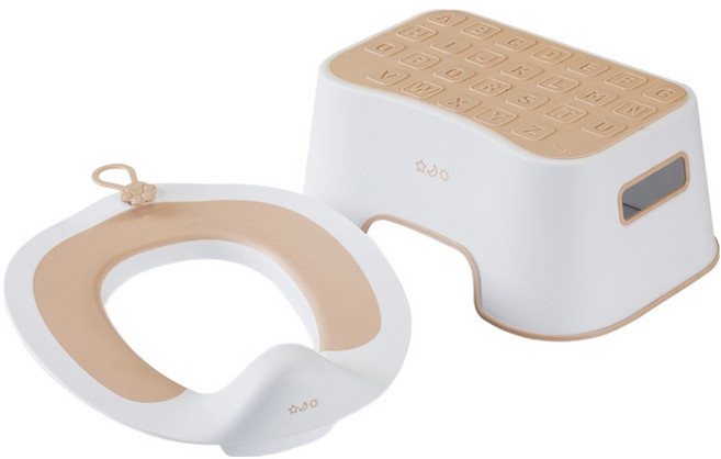 톨스토이 유아용 큐티슬림 변기 보조 시트 + 뉴 스페이스 디딤대 세트, 베이지