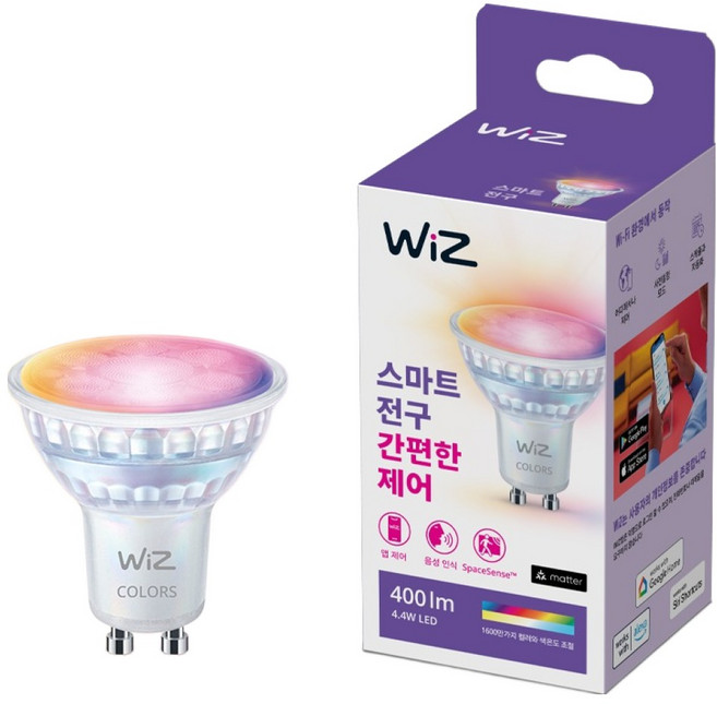 WiZ 스마트 LED 컬러 GU10 글래스 전구 4.4W, 기타색, 1개