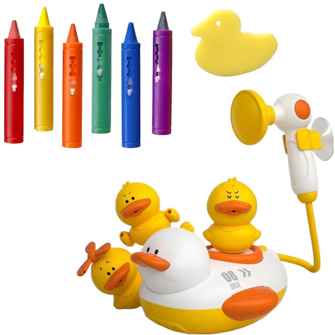 키저스 오리 분수샤워기 장난감 + 목욕크레용 6종 + 지우개 세트, 1세트, 혼합색상
