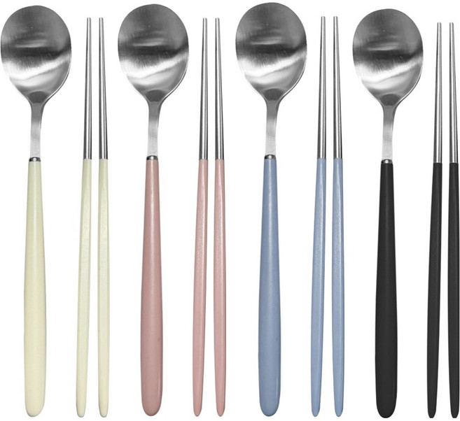 영수산업카멜 스텐 한식 파스텔 샤틴 수저세트, 아이보리, 핑크, 블루, 블랙, 1세트, 숟가락 4p + 젓가락 4p