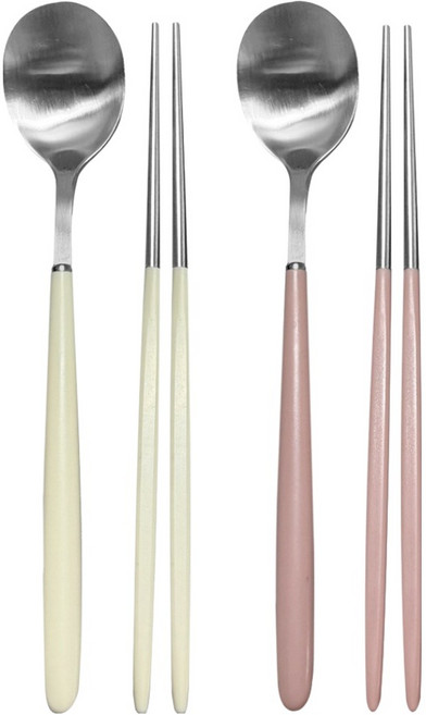 영수산업카멜 스텐 한식 파스텔 샤틴 수저세트, 아이보리, 핑크, 1세트, 숟가락 2p + 젓가락 2p