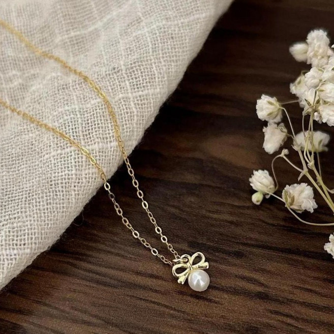 Theothercolor 女性柔美珍珠蝴蝶結項鍊 sd_0058