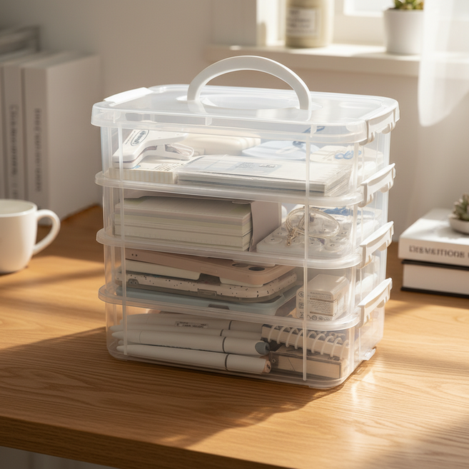 조인메이드 4단 휴대용 수납 적층형 칸막이 문구류 화장품 장난감 서랍형 정리함 4단 YFX3399, 투명, 1개