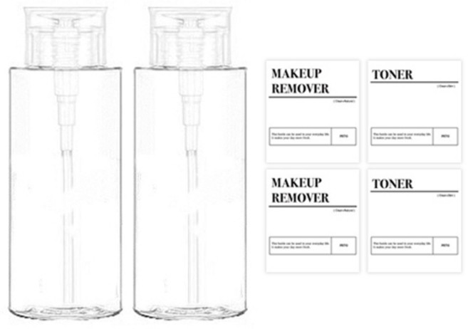 뉴앤룩 누르는 펌핑 욕실 디스펜서 리무버 공병 300ml x 2p + 메이크업 리무버 2p + 토너 라벨 2p 세트, 1세트, 투명(공병)