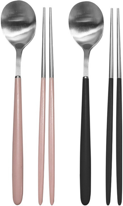 영수산업카멜 스텐 한식 파스텔 샤틴 수저세트, 핑크, 블랙, 1세트, 숟가락 2p + 젓가락 2p
