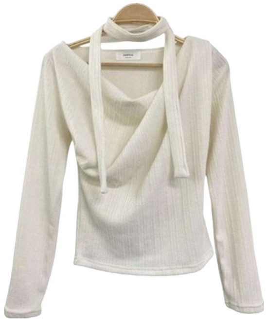 시크블랙 여성용 케링드 원 오프숄더 드레이프 셔링 골지 니트 + 초커 세트 cpnt6129k61