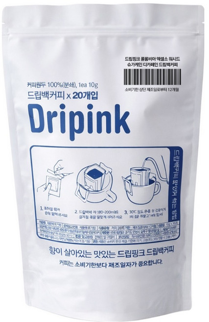 드립핑크 콜롬비아 엑셀소 워시드 슈가케인 디카페인 드립백커피, 10g, 1개, 20개입