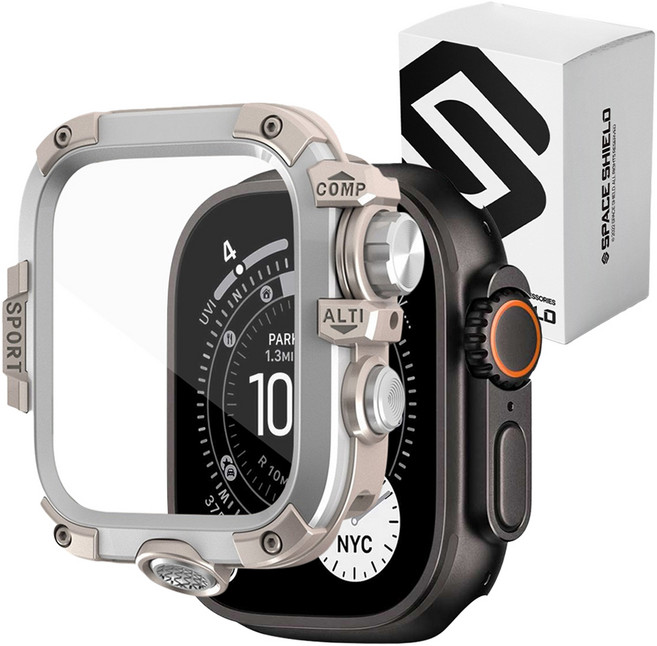 SPACE SHIELD Apple Watch 系列相容 戰術防護 PC 防撞保護殼 + 保護膜套組, 銀色星光, 1套