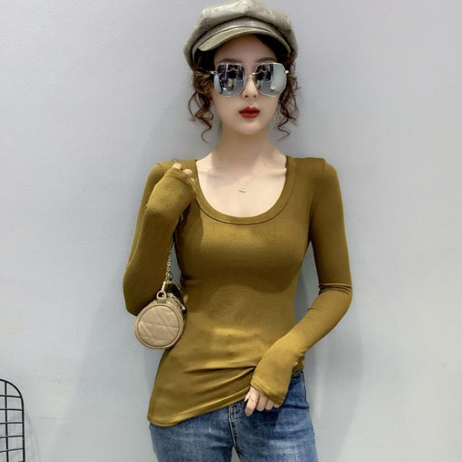 DMELD 女款簡約風U領修身款長袖T恤