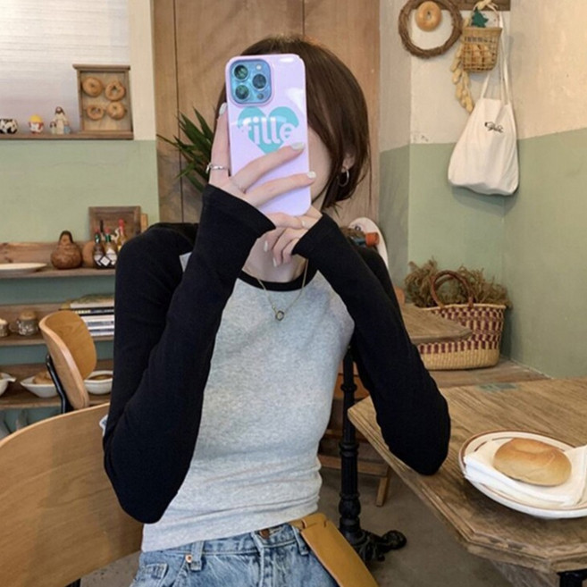 디멜디 여성용 데일리코디 배색 래글런 슬림핏 긴팔티셔츠