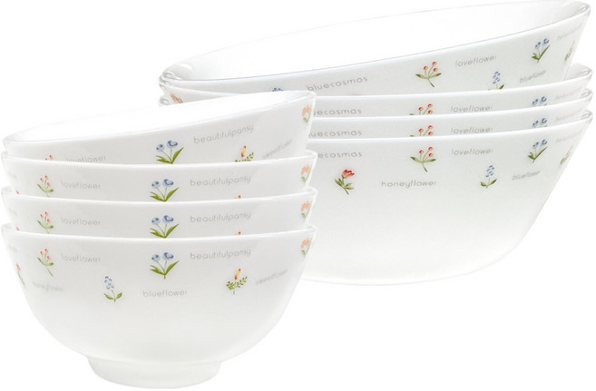 바칠레 플라워 브리지 4인 공기대접 세트, 화이트, 1세트, 밥공기 4p + 국대접 4p