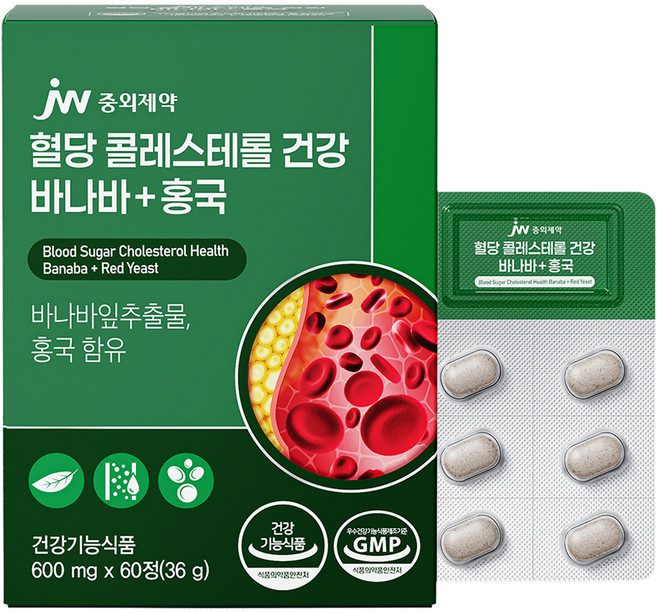 JW중외제약 혈당 콜레스테롤 건강 바나바 홍국 36g, 1개, 60정