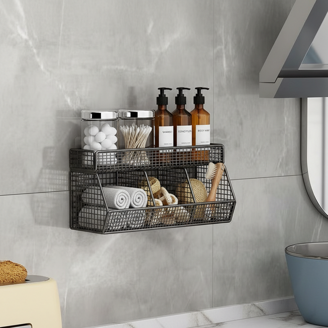 ROI라이프 다용도 수납 걸이 바구니 3칸 + 거치대 세트, 블랙, 1세트