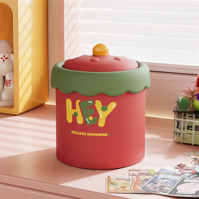 뉴토피아 뚜껑있는 귀여운 미니 책상 쓰레기통, 프린팅 오렌지 레드