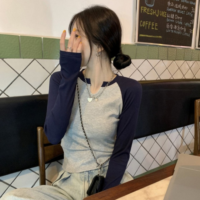 디멜디 여성용 배색 래글런 슬림핏 데일리 긴팔 티셔츠