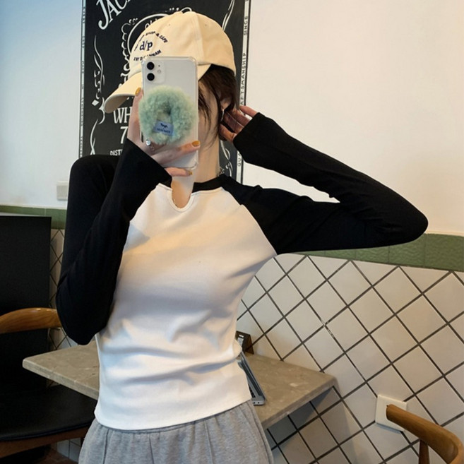 디멜디 여성용 배색 래글런 슬림핏 데일리 긴팔 티셔츠