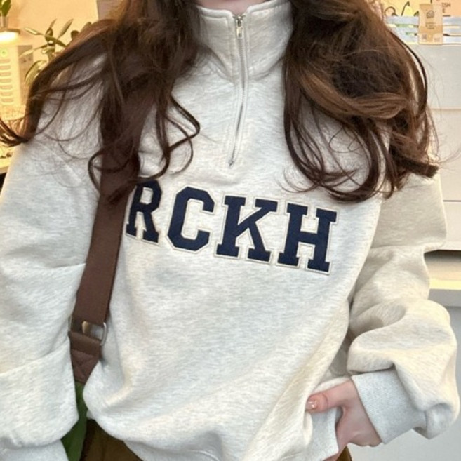 더플로우커머스 여성용 하이넥 반집업 루즈핏 캐주얼 맨투맨