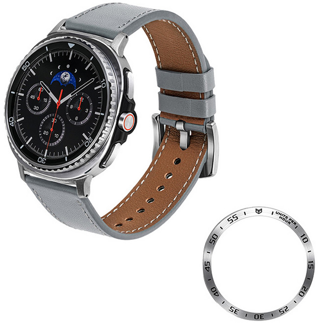 라이톰 스티치 가죽 스트랩 22mm + 타임 스틸 베젤링 44mm 세트, 그레이, 1세트