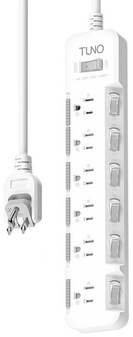 TUNO 圖諾 旋轉插頭電源延長線 7切6座3P, 白色, 1個, 180cm