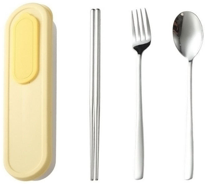 Couselect 316不銹鋼叉勺筷餐具4件組, 黃色, 1套, 叉子 + 筷子 + 湯匙 + 餐具盒