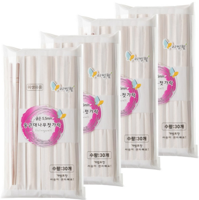 리빙웰 굵은 둥근 대나무 젓가락, 30개입, 4개