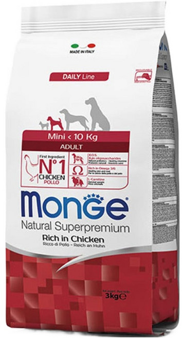 몬지 어덜트 도그 내추럴 슈퍼프리미엄 미니 건식사료, 닭, 3kg, 1개