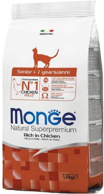 몬지 시니어 고양이 내추럴 슈퍼프리미엄 건식사료, 닭, 1.5kg, 1개