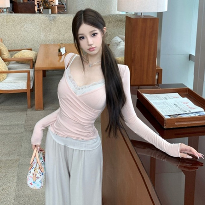 피어니스트 여성용 레이스 섹시 포인트 볼륨 랩 슬림 티셔츠