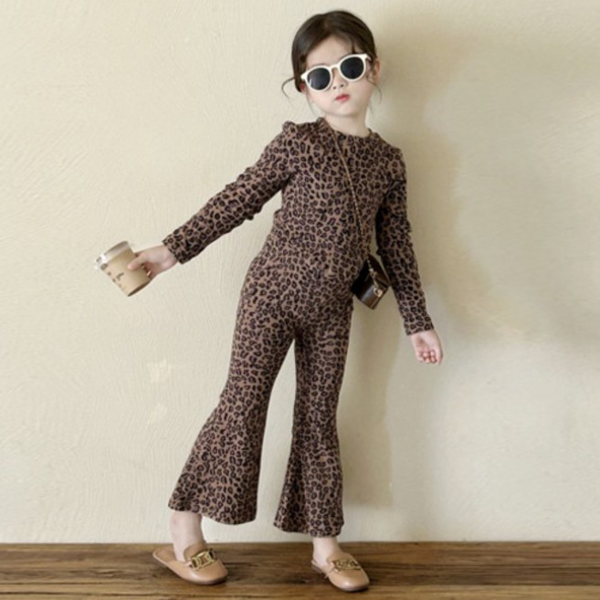 兒童滾邊豹紋喇叭褲套裝