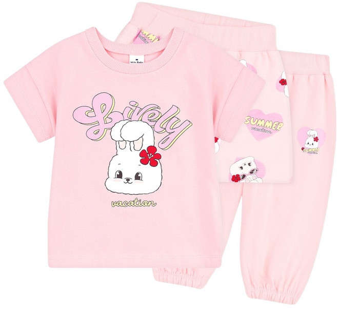 MilkBaby 러블리레빗 하트 봉봉 반팔 티셔츠 + 4부 팬츠 + 조거 팬츠 세트