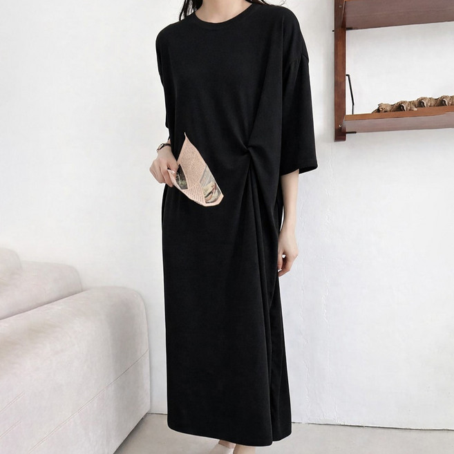 라라온 국내제작 라운드넥 5부 반팔 꼬임 롱 원피스 26TSP3720