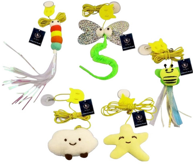 딩동펫 고양이 캐릭터 플라이 부착형 방울 로프 낚시대 5종 세트, 혼합색상, 1세트