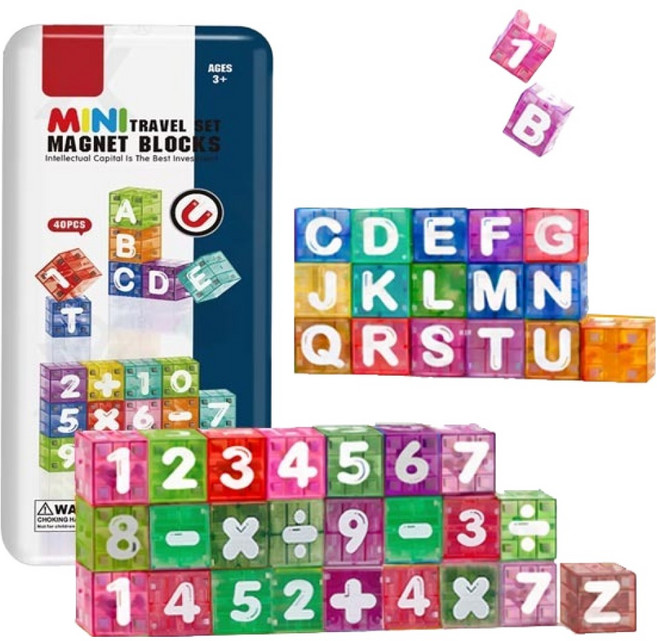 조이키즈 자석 큐브블럭 휴대용 틴케이스 세트 40p, 1세트, 알파벳숫자