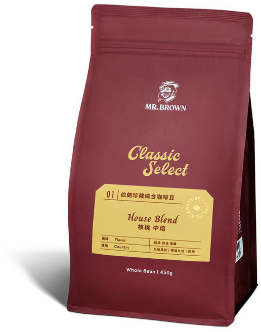 金車 MR.BROWN 伯朗咖啡 伯朗珍藏綜合咖啡豆 核桃 中焙, 450g, 1個, 全豆咖啡（未研磨）