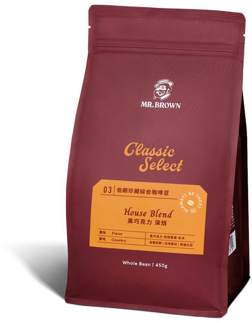 金車 MR.BROWN 伯朗咖啡 伯朗珍藏綜合咖啡豆 黑巧克力 深焙, 450g, 1個, 全豆咖啡（未研磨）