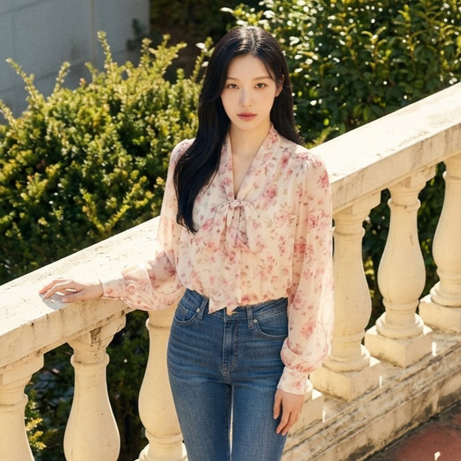 페이퍼먼츠 루리나 플라워 리본넥 블라우스 14339