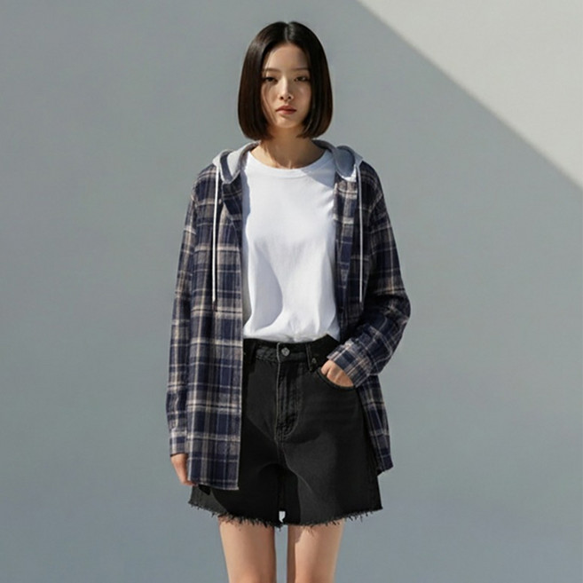 페이퍼먼츠 여성용 스텔레 루즈핏 후드 체크 셔츠 13697