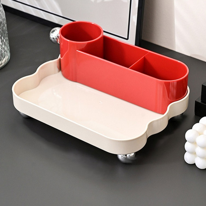 쏙쏙채움 현관 장식품 열쇠 보관 리모콘 수납함 트레이 2단, 화이트 + 레드