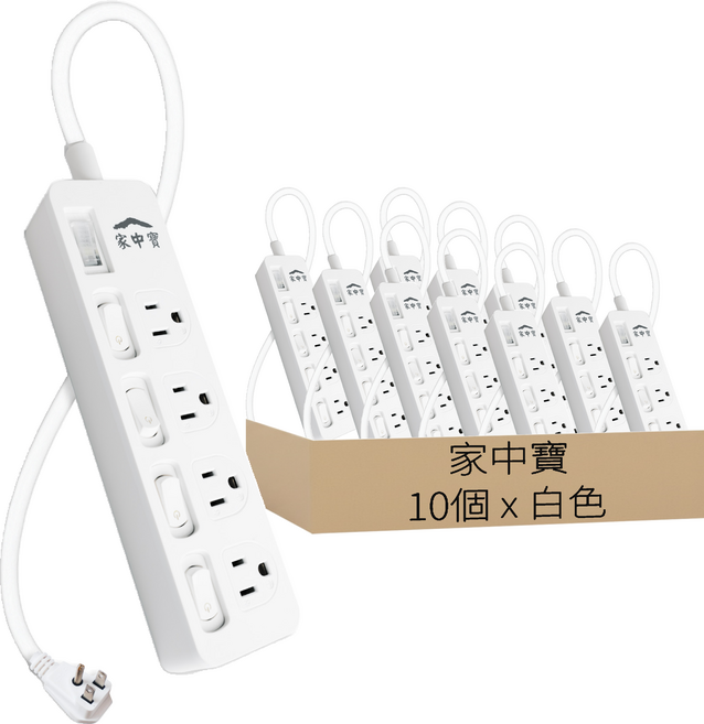 家中寶 過載斷電5開4座電源線 HBK33543, 白色, 10個, 1.8m