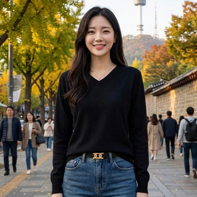 안다로미 여성용 부드러운 브이넥 봄 기본 니트